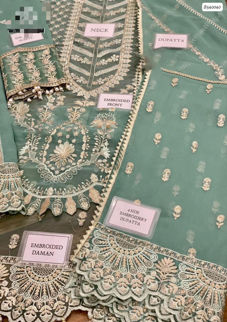 "Shenhai" Heavy Embroidered Chiffon 3-Piece Ensemble (Sea Green