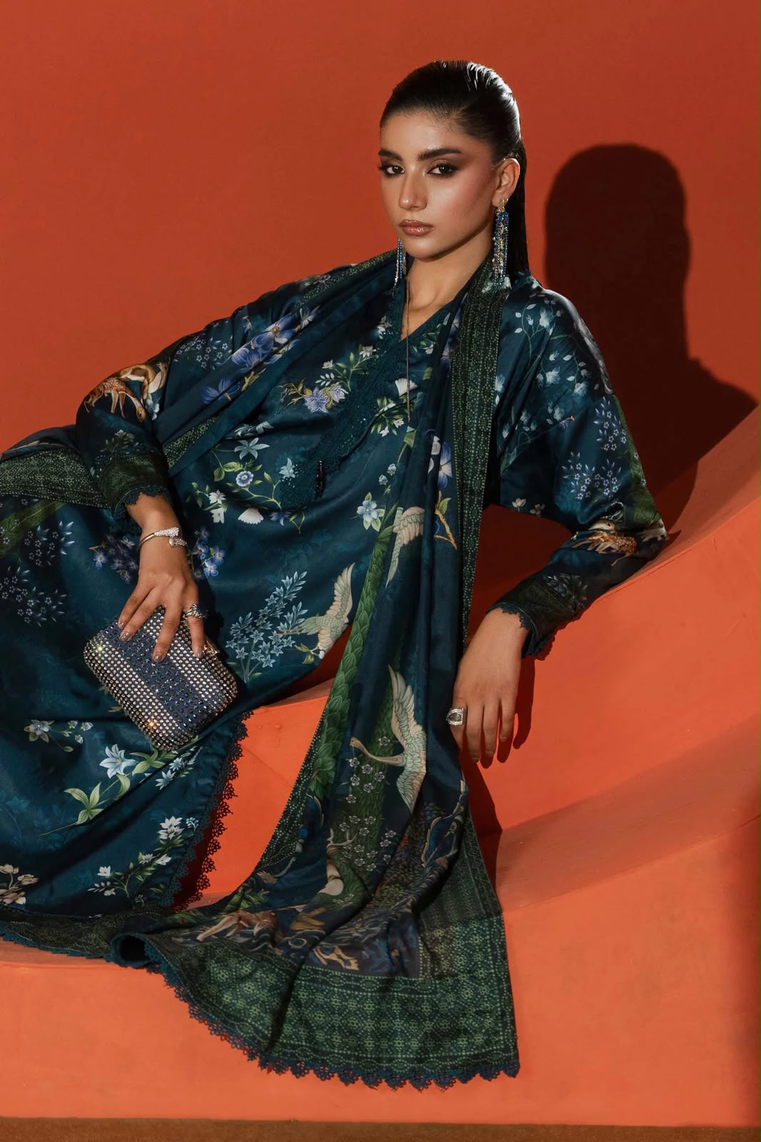 Teal Green Digital Print Silk Suit