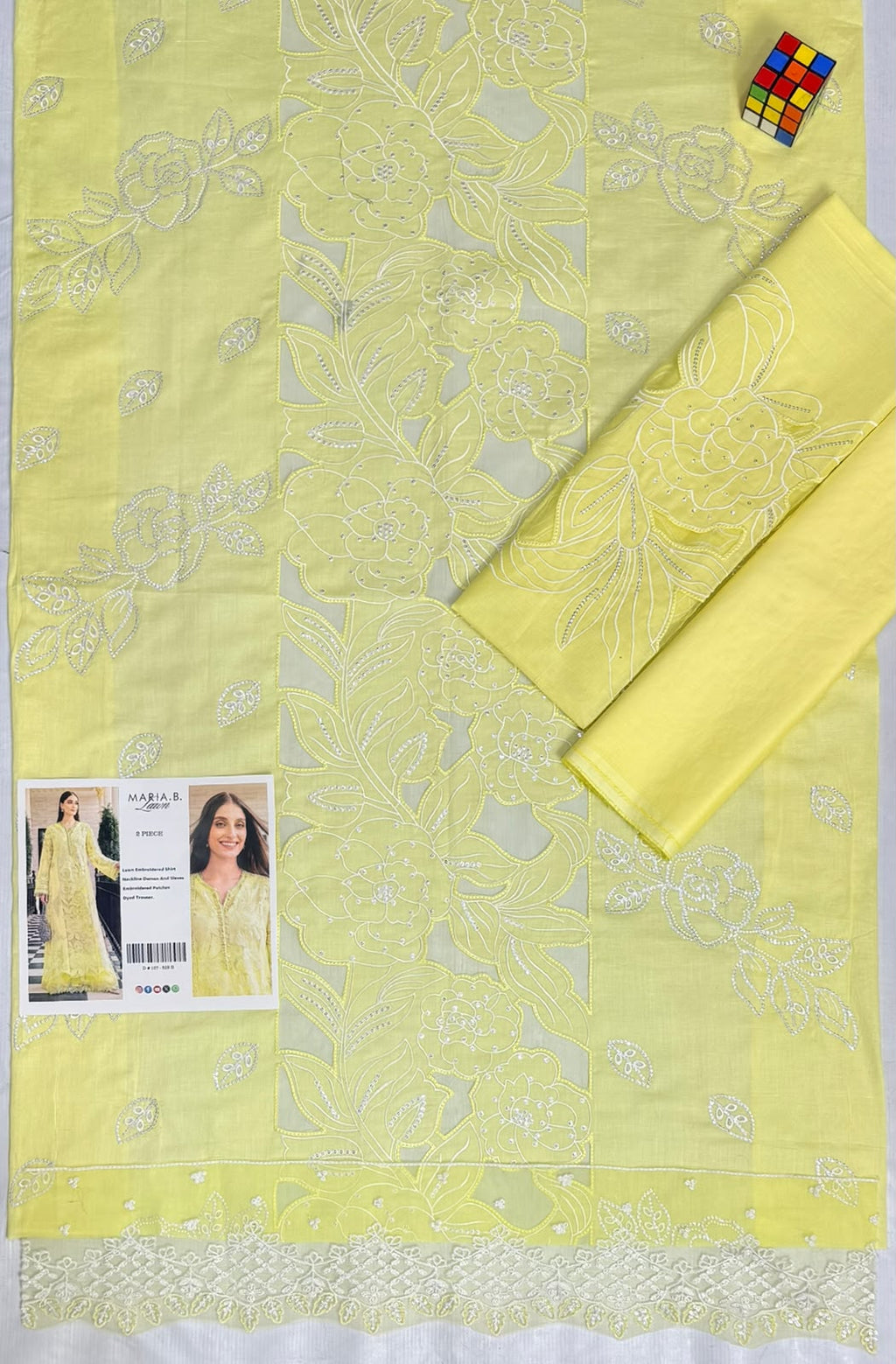 Maria.B. Inspired 2-Piece unstitched Embroidered Lawn Suit - Lime Yellow)