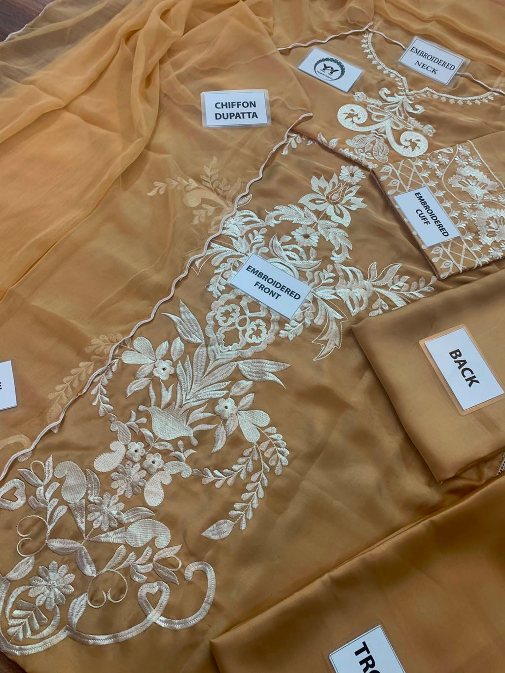 Premium Charmuse Silk Embroidered Suit with Chiffon Dupatta (Camel Gold)