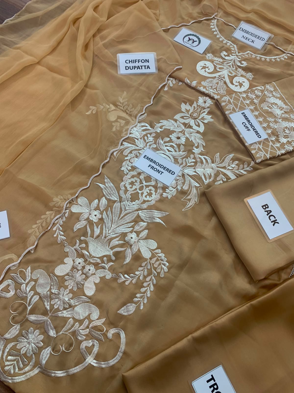 Premium Charmuse Silk Embroidered Suit with Chiffon Dupatta (Camel Gold)
