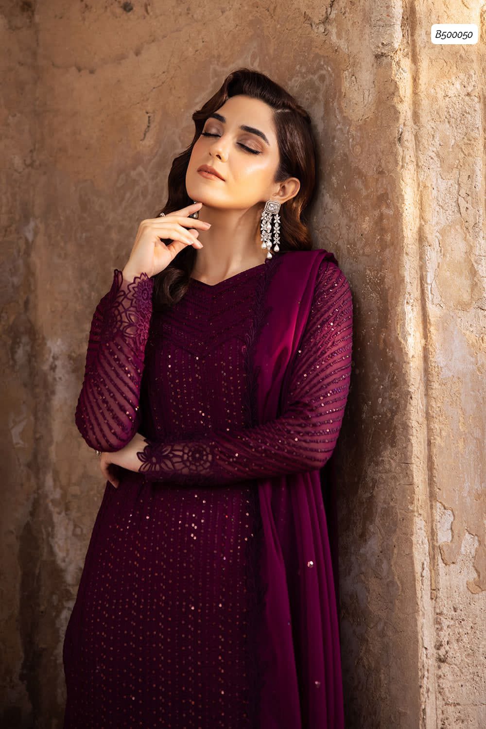 Outqlaas-Heavy Sequence Embroidered Chiffon 3-Piece