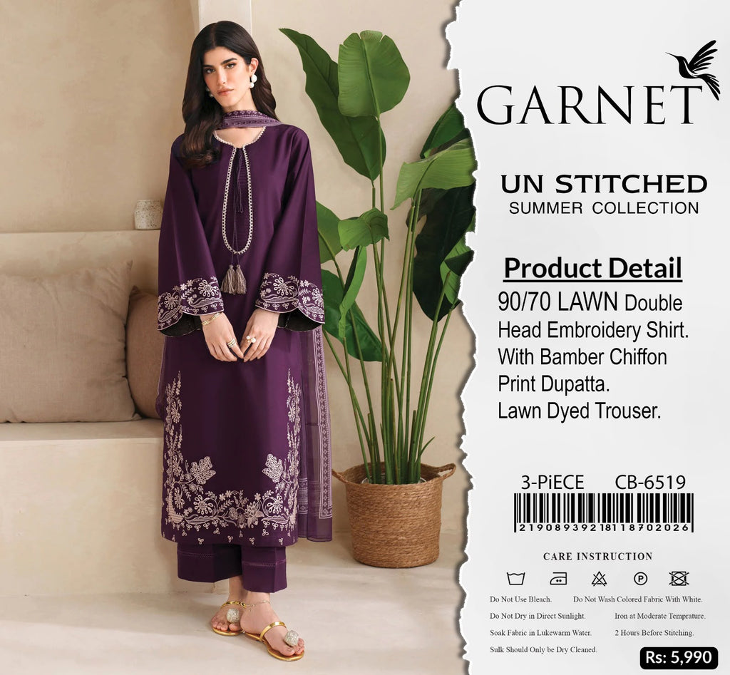 Deep Velvet Grape – 3pc unstitched Embroidered Lawn Suit (Inspired by Garnet CB-6519)
