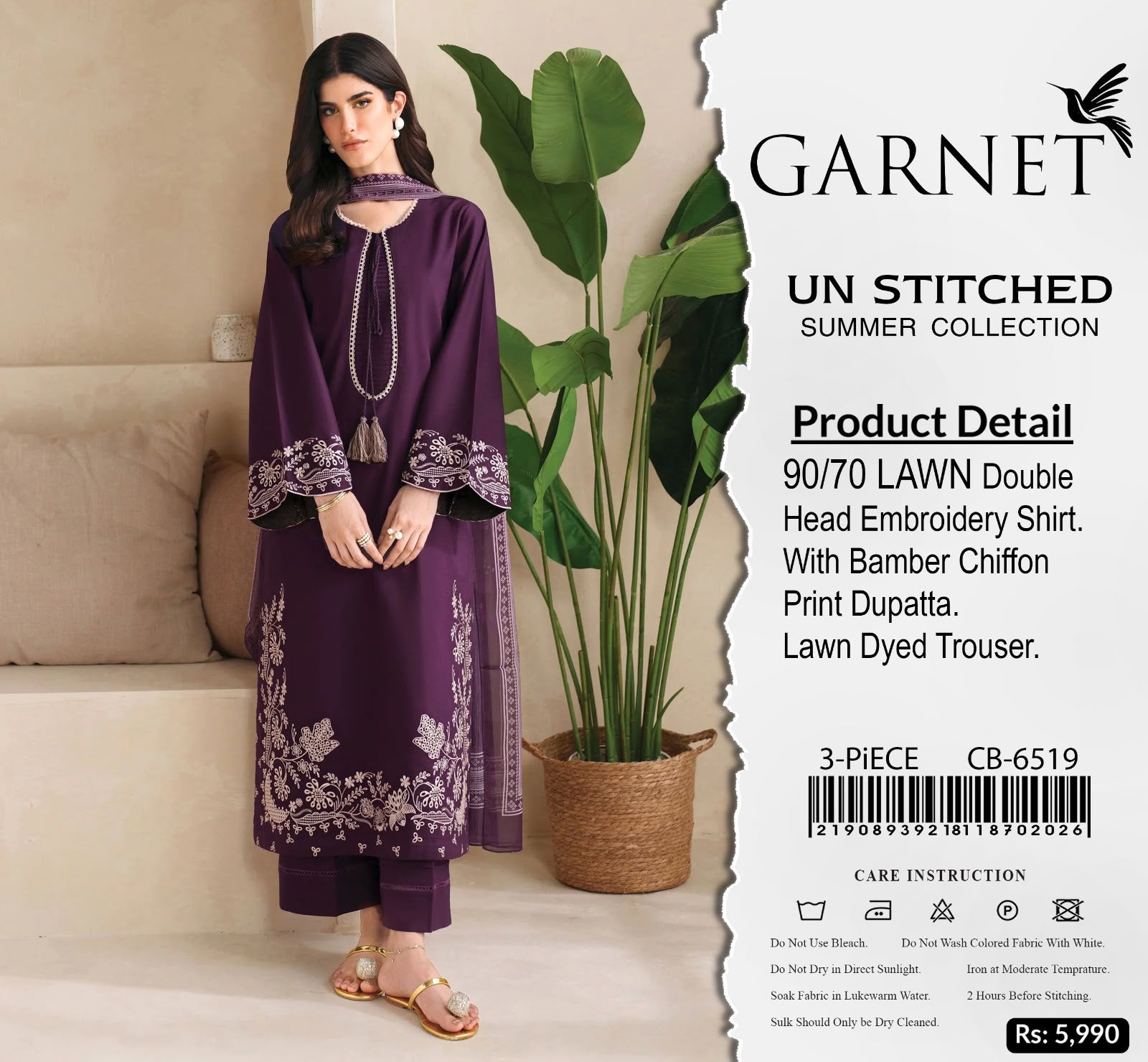 Deep Velvet Grape – 3pc unstitched Embroidered Lawn Suit (Inspired by Garnet CB-6519)