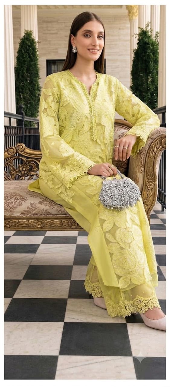 Maria.B. Inspired 2-Piece unstitched Embroidered Lawn Suit - Lime Yellow)