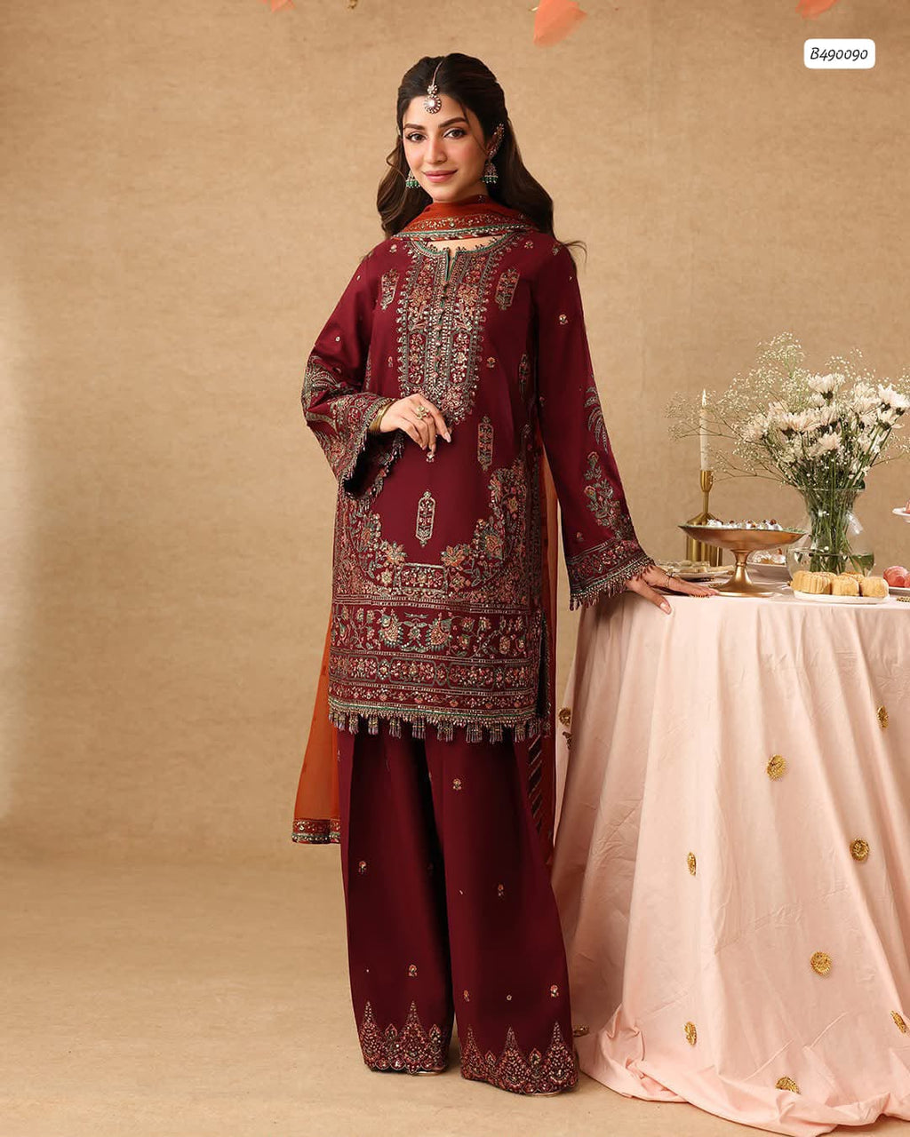 Outqlaas -  Brand Inspired  3-Piece Heavy Embroidered Chiffon Suit