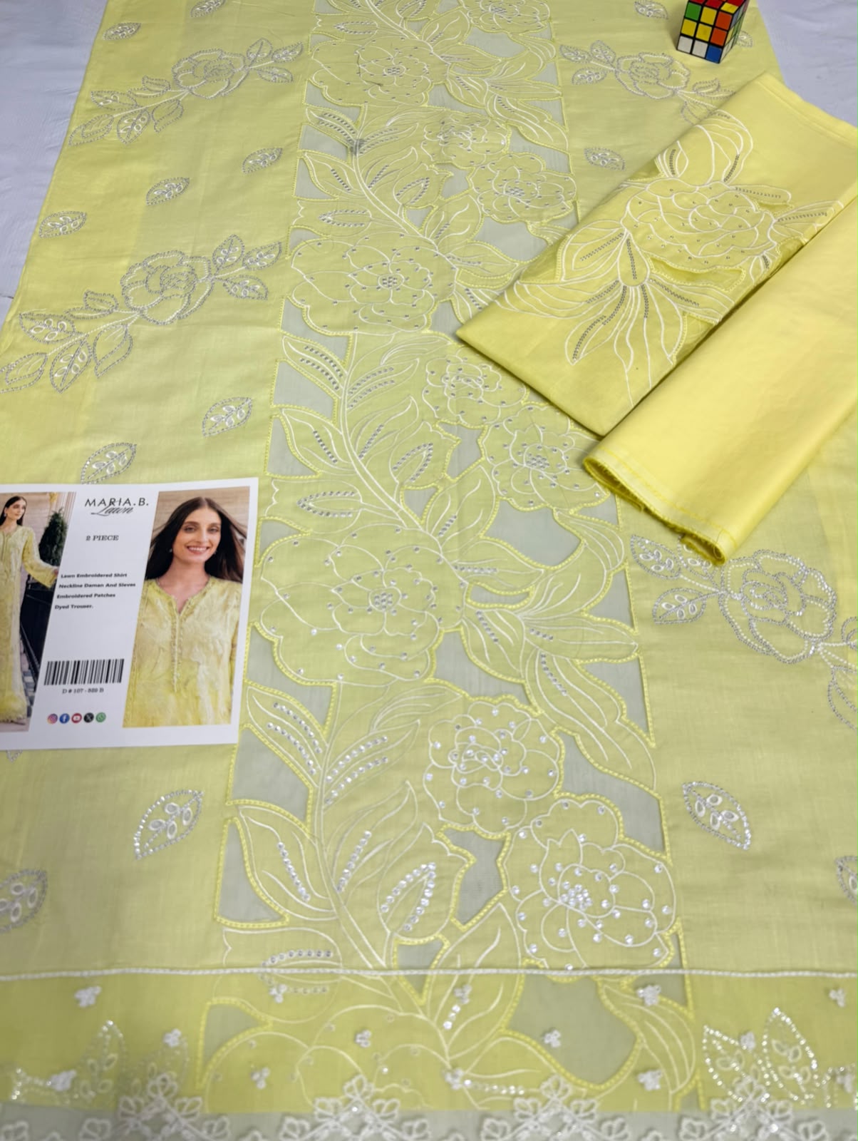 Maria.B. Inspired 2-Piece unstitched Embroidered Lawn Suit - Lime Yellow)