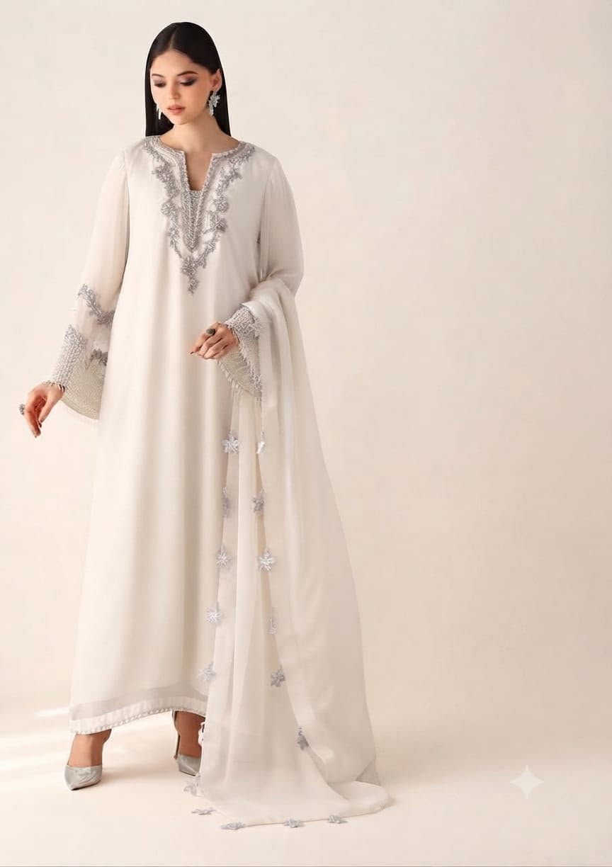 Outqlaas - Luxury Chiffon Hand Embellished Festive 3-Piece Suit