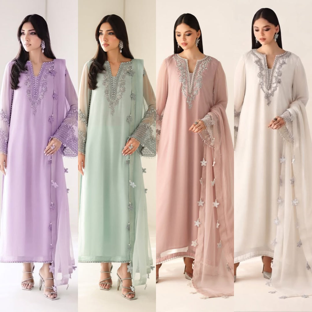 Outqlaas - Luxury Chiffon Hand Embellished Festive 3-Piece Suit