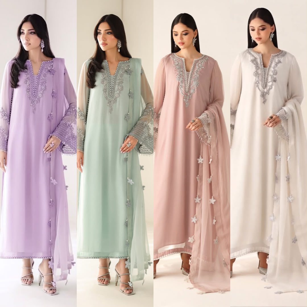 Outqlaas - Luxury Chiffon Hand Embellished Festive 3-Piece Suit
